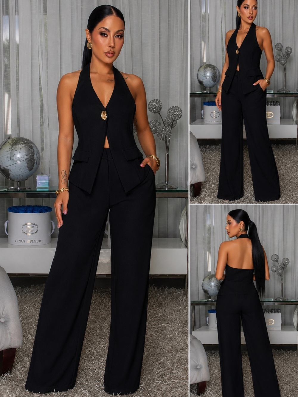 Tailored Halter Vest & Wide-Leg Trousers Set black